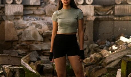 woman wearing a lara croft inspired outfit