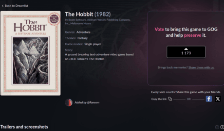 The Hobbit listing on GOG.com's Dreamlist