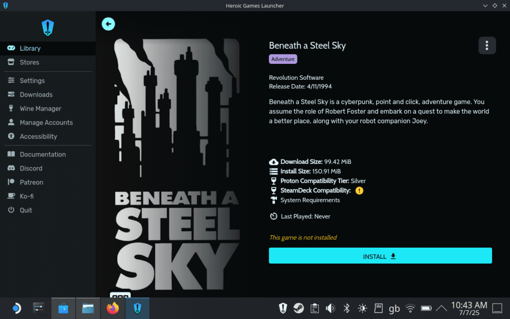 Beneath a Steel Sky installation page in Heroic Games Launcher